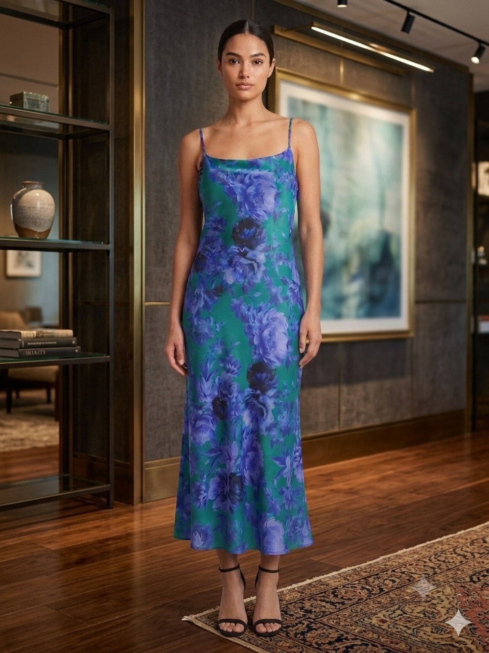 Connected apparel Green Blue Floral slip Dress Sz 12 Romantic Feminine fairycore